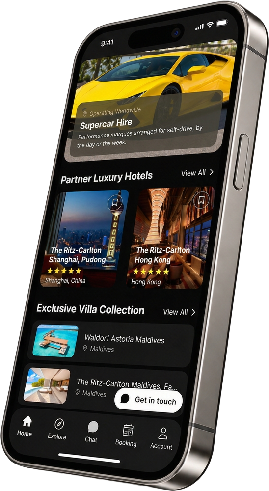 Mobile app mockup showing a luxury travel booking experience